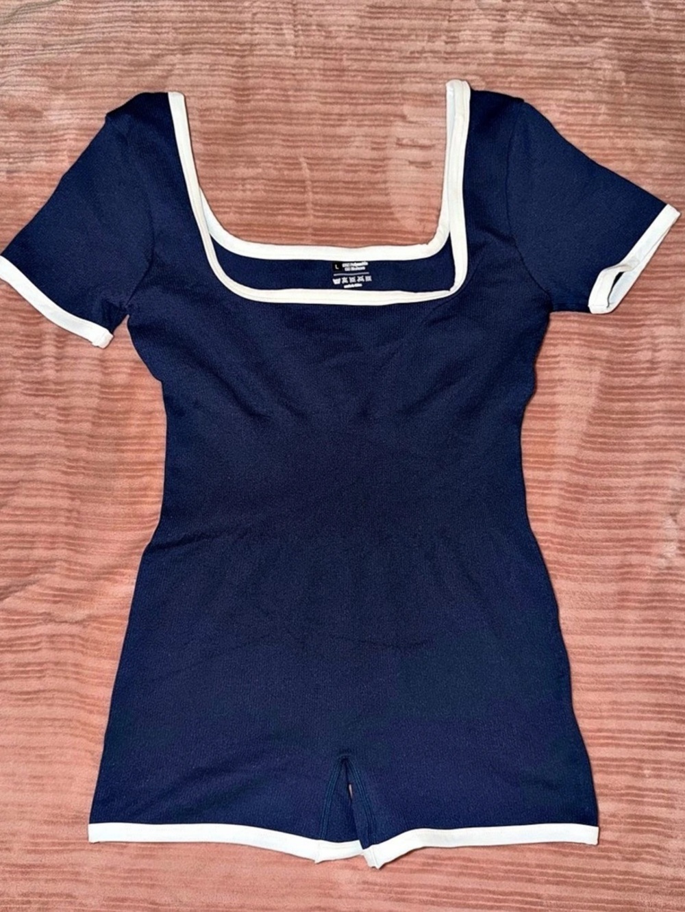 Blue Short-Sleeve Romper with White Contrast Trim